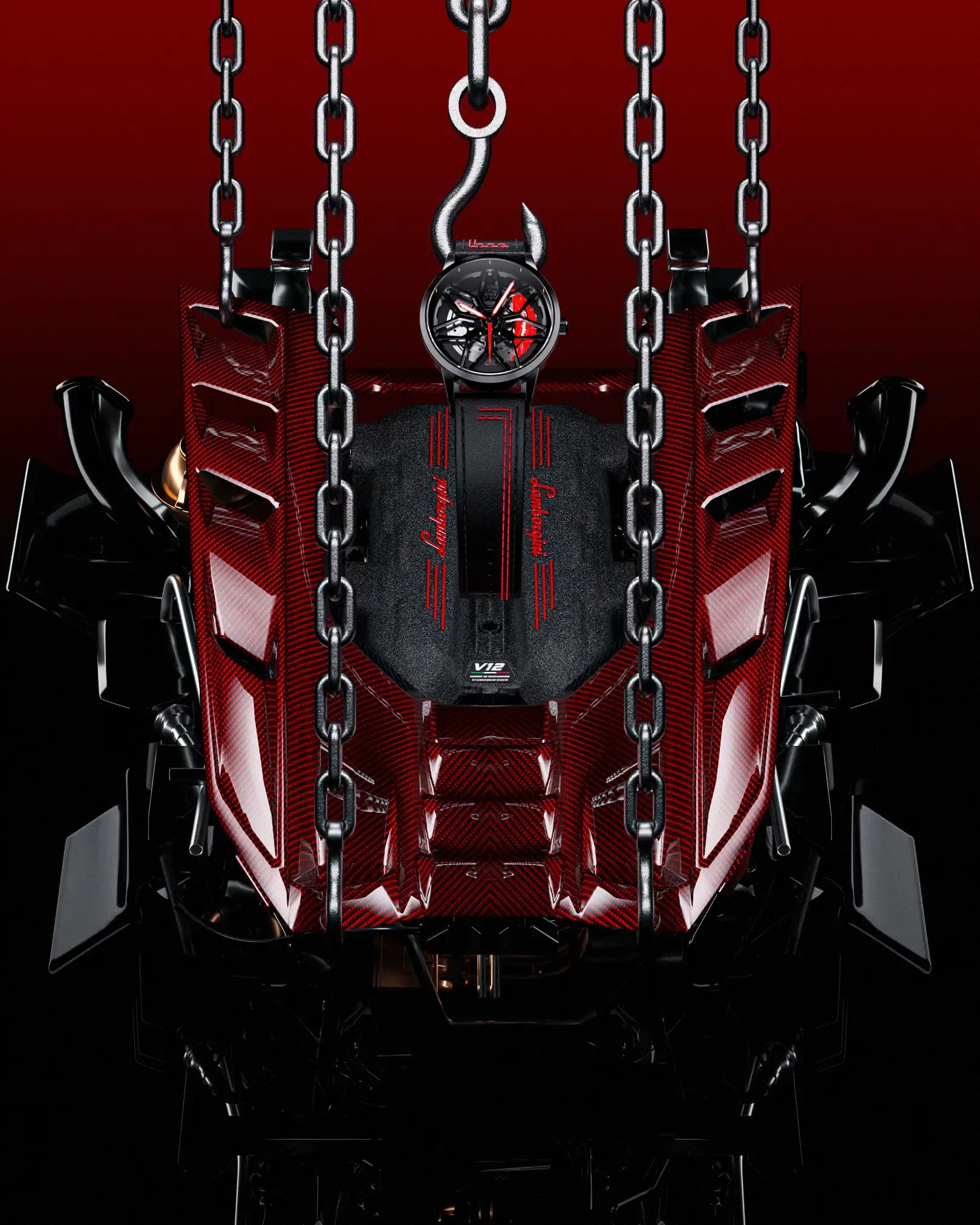 RS Chrono Lamborghini watch displayed against a suspended Lamborghini V12 engine, emphasising bold design and automotive craftsmanship.
