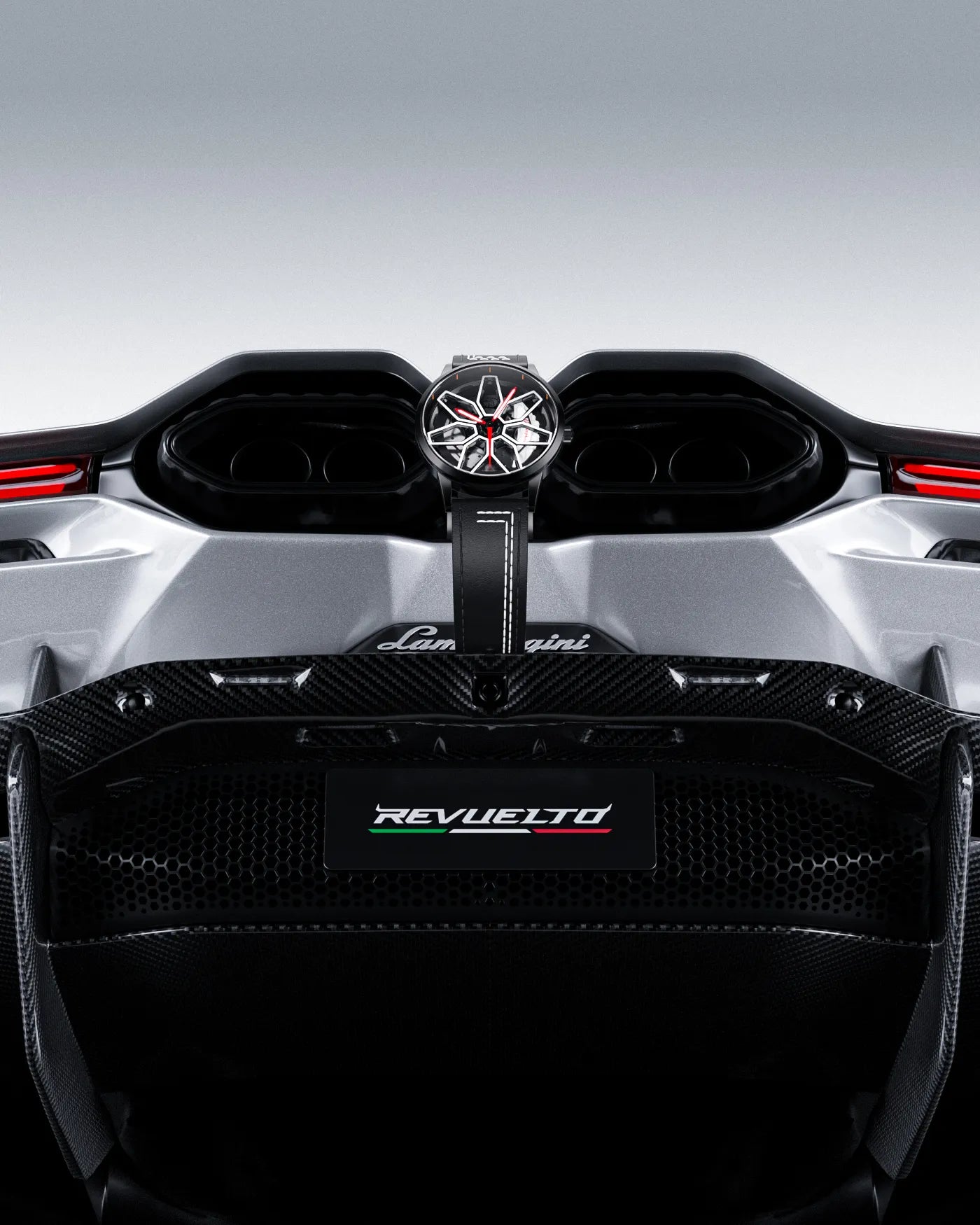 RS Chrono Lamborghini watch mounted above Revuelto exhaust, blending automotive design with luxury timekeeping.