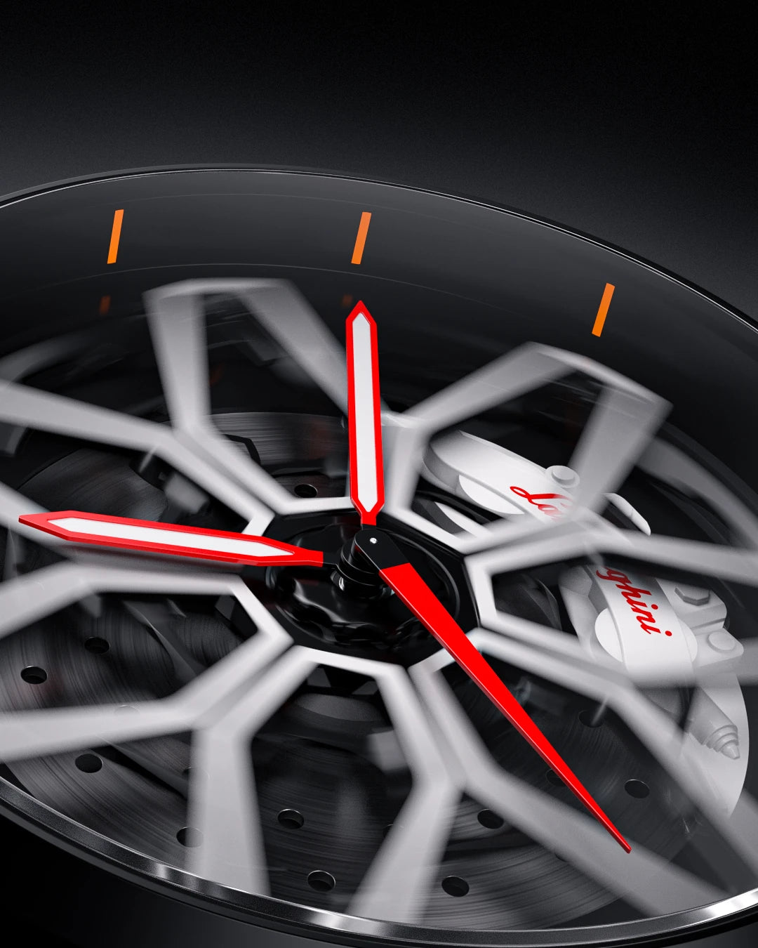 Close-up of RS Chrono Lamborghini watch with spinning wheel design, showcasing Gyro™ technology in a high-performance automotive-inspired timepiece.