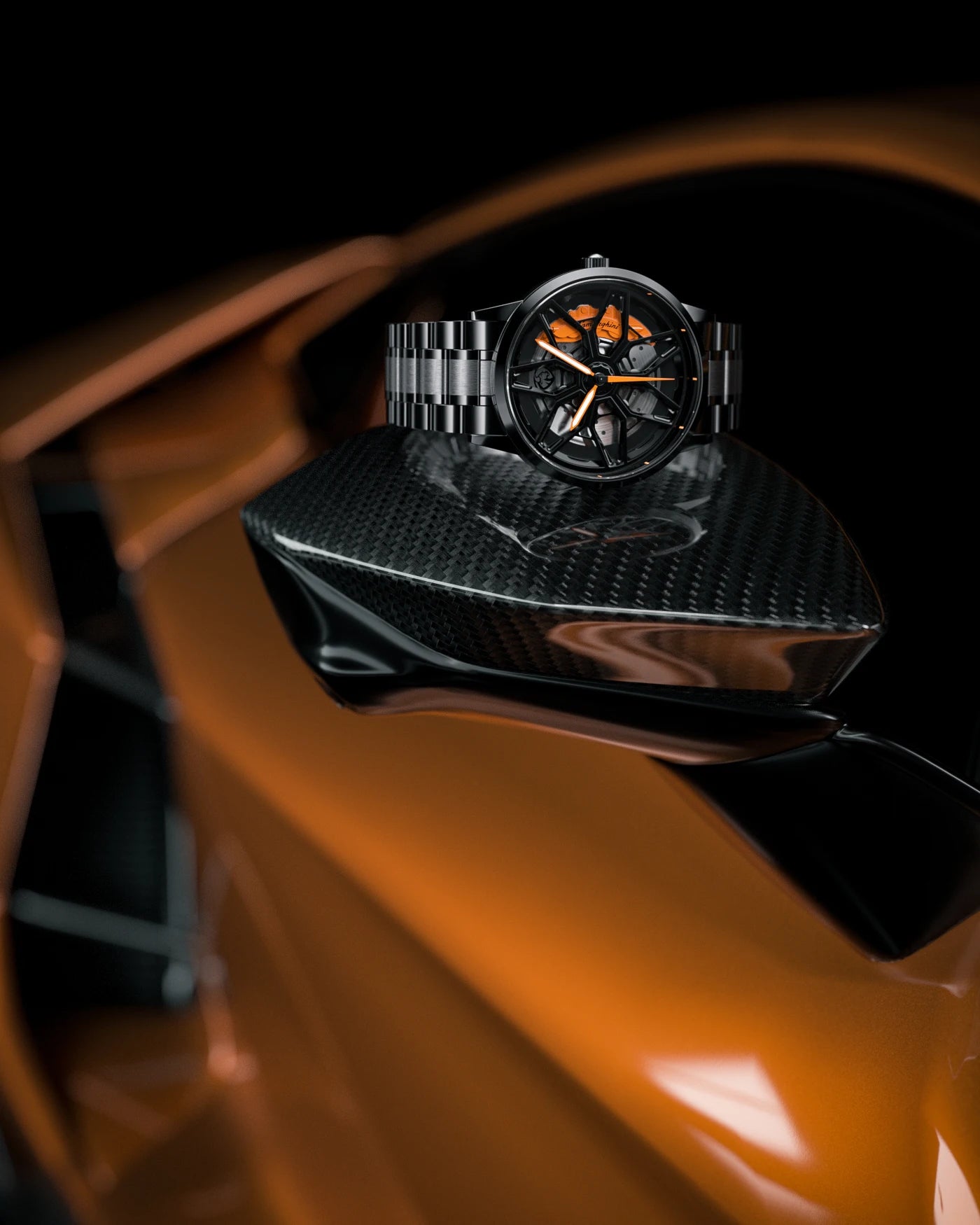 RS Chrono Lamborghini watch displayed on a carbon fibre mirror, reflecting high-performance design and automotive-inspired craftsmanship.