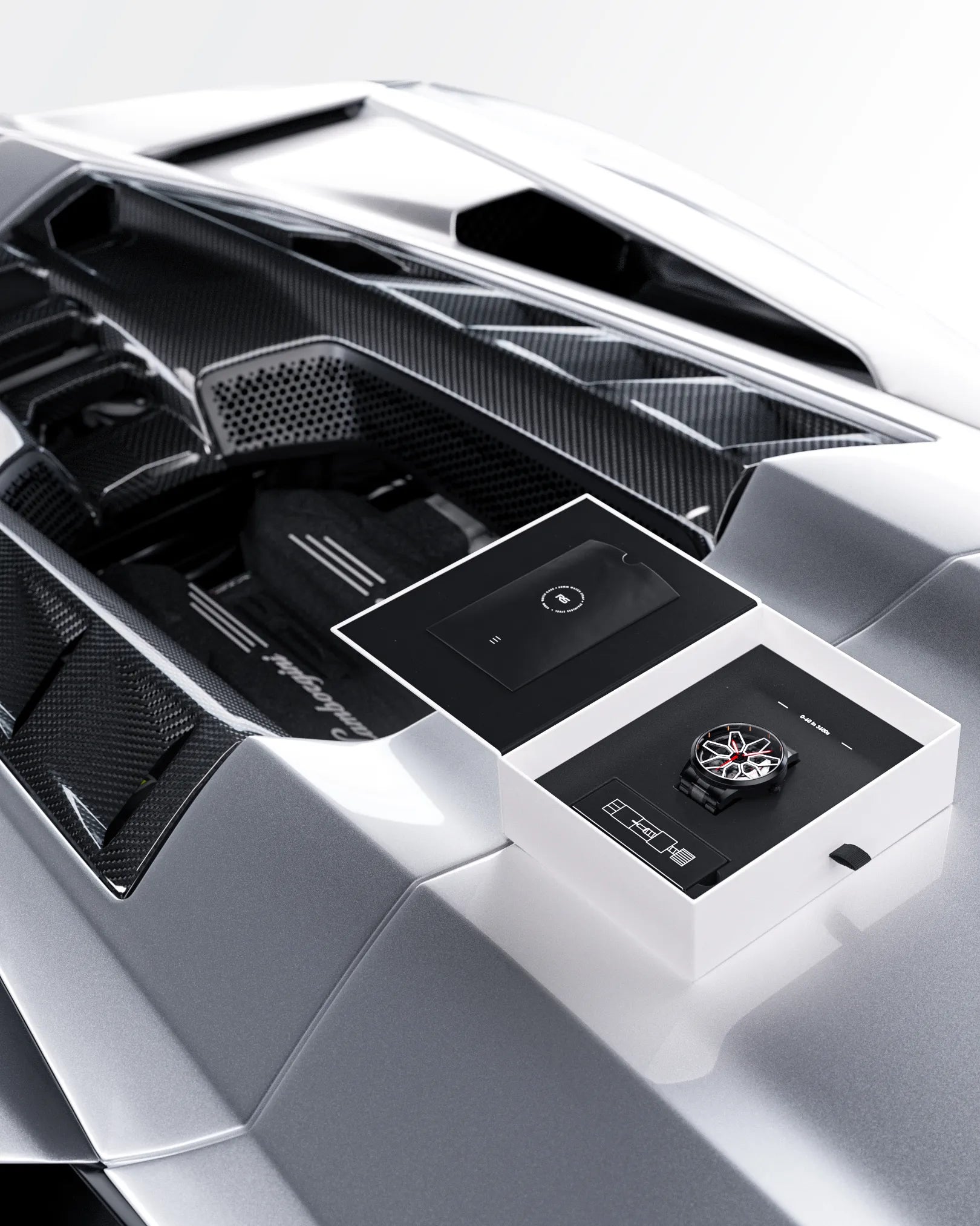 Lamborghini-inspired watch packaging displayed on a Lamborghini engine bay, showcasing the RS Chrono Ultimae limited edition timepiece.