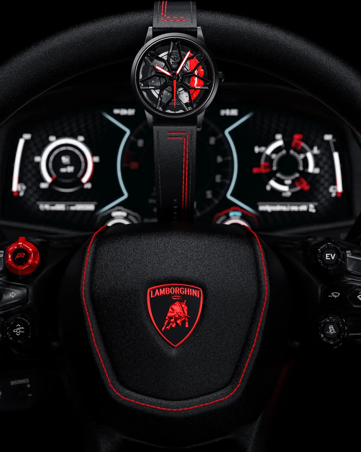 RS Chrono Lamborghini watch mounted on a Revuelto steering wheel, showcasing precision design and Italian performance.